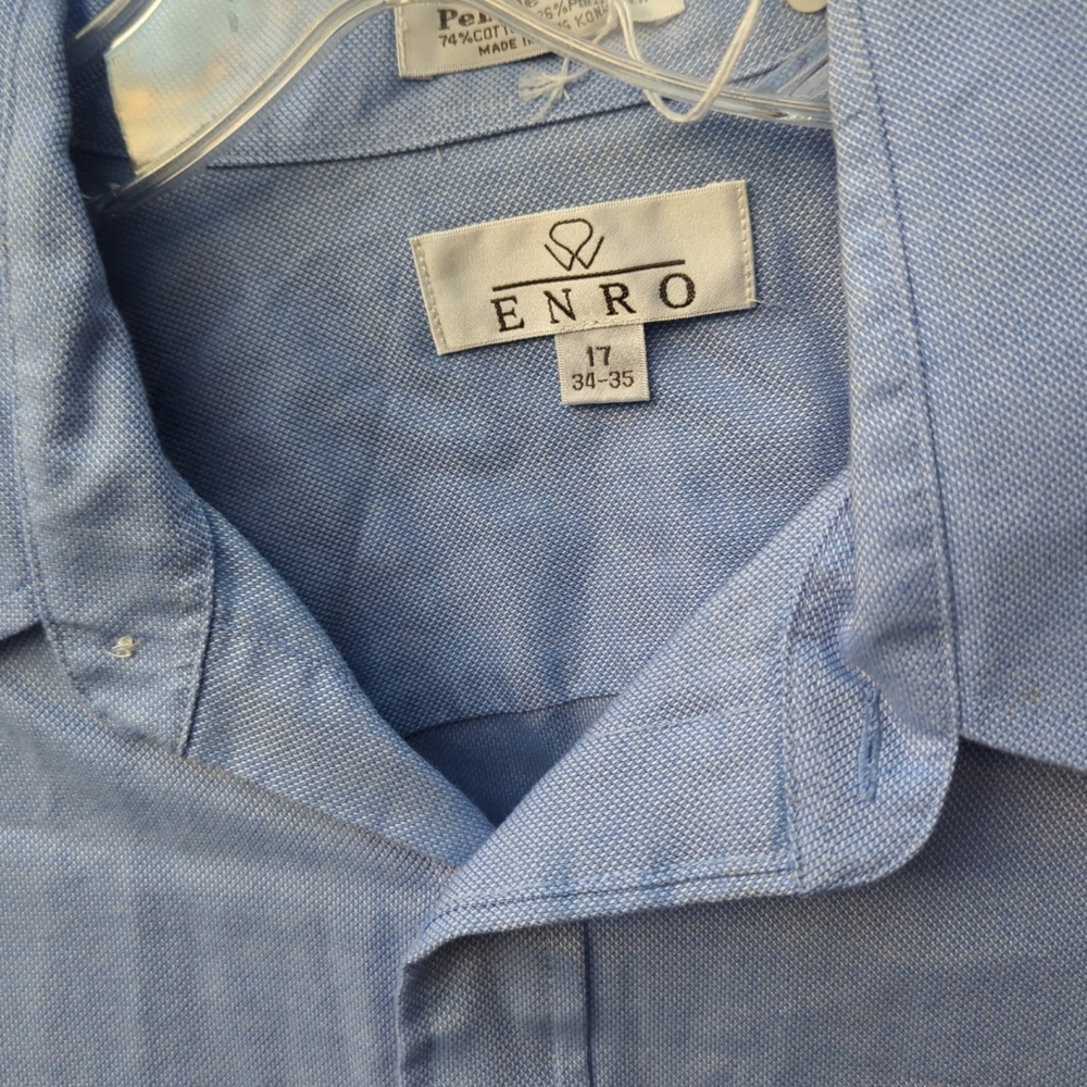 Enro Pebble Cloth Shirt Men's 17 34-35 Fit Non Iron Button Up Blue Long Sleeve